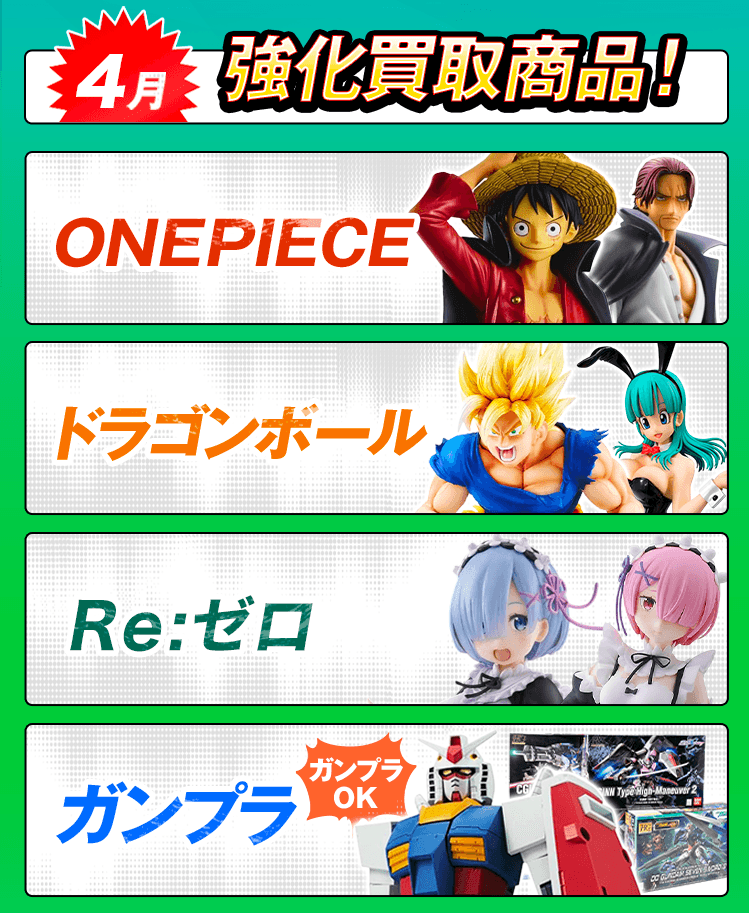 今月の強化買取商品！ワンピース、ドラゴンボール、ガンプラ