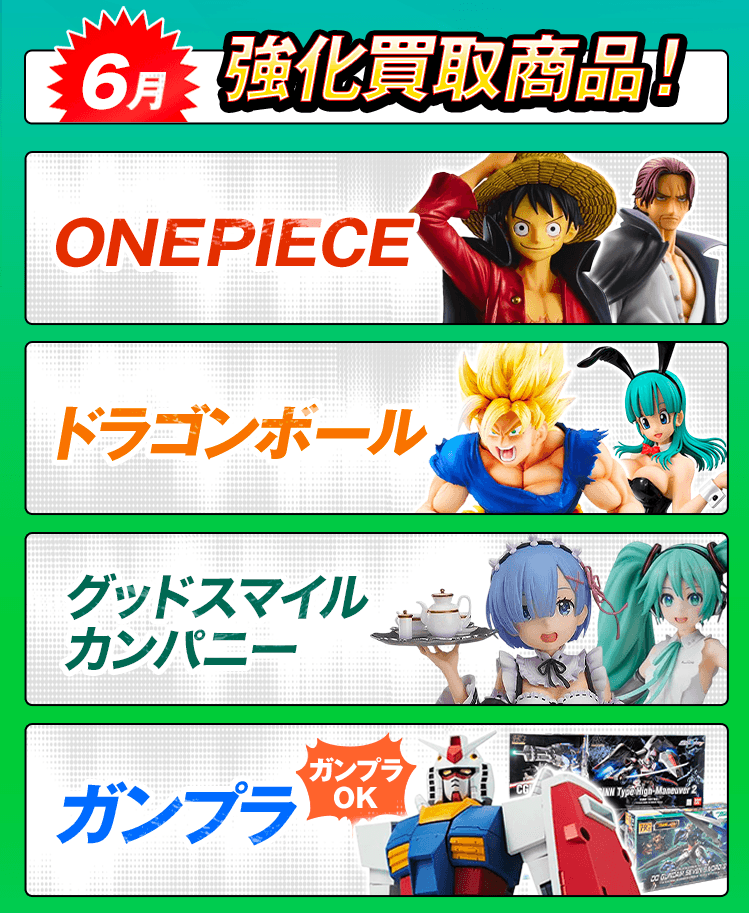 今月の強化買取商品！ワンピース、ドラゴンボール、ガンプラ