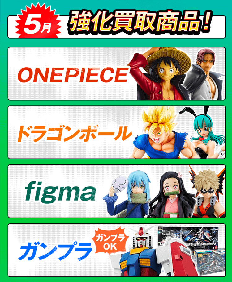 今月の強化買取商品！ワンピース、ドラゴンボール、ガンプラ