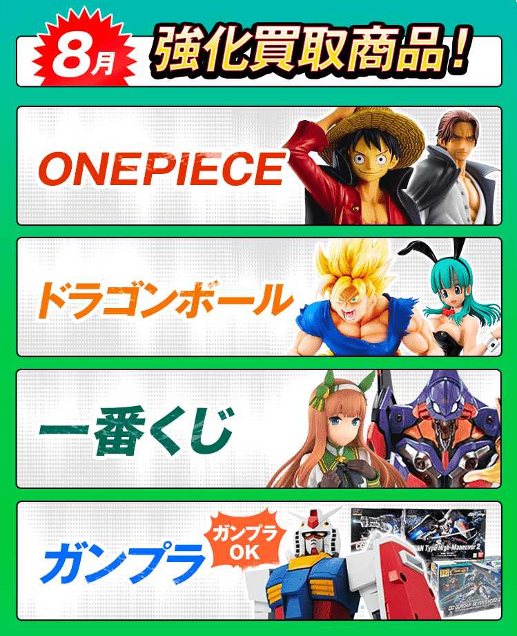 今月の強化買取商品！ワンピース、ドラゴンボール、ガンプラ