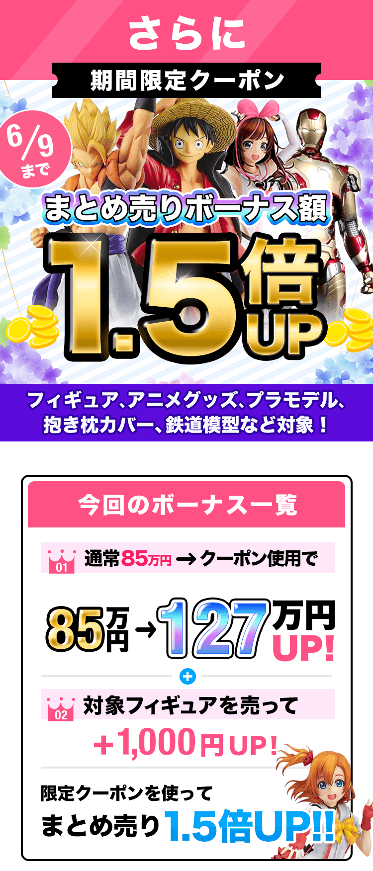 期間限定クーポン!買取金額1000円以上で査定額UP!フィギュア、プラモ、グッズ、コスプレ衣装もOK!