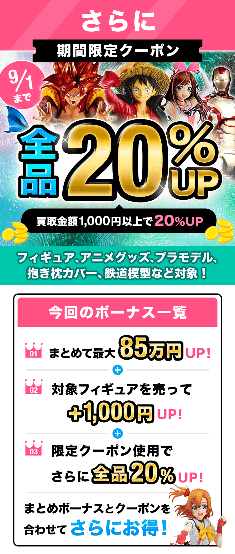 期間限定クーポン!買取金額1000円以上で査定額UP!フィギュア、プラモ、グッズ、コスプレ衣装もOK!