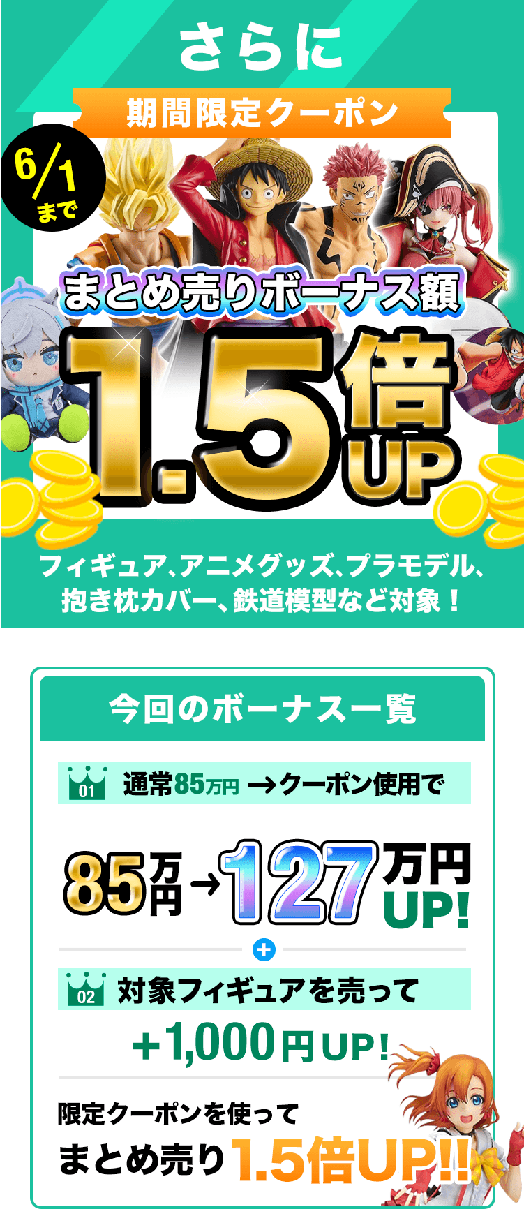 期間限定クーポン!買取金額1000円以上で査定額UP!フィギュア、プラモ、グッズ、コスプレ衣装もOK!