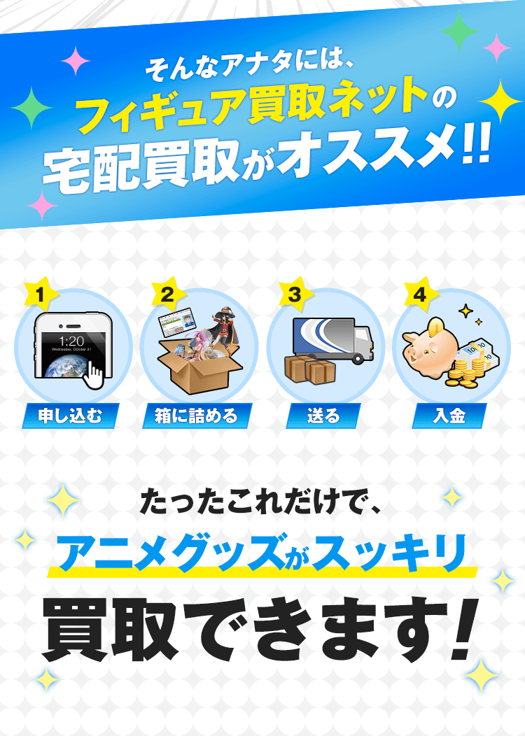 そんなアナタには、フィギュア買取ネットの宅配買取がオススメ!!申し込む＞箱に詰める＞送る＞入金。たったこれだけで、フィギュアがスッキリ買取できます！