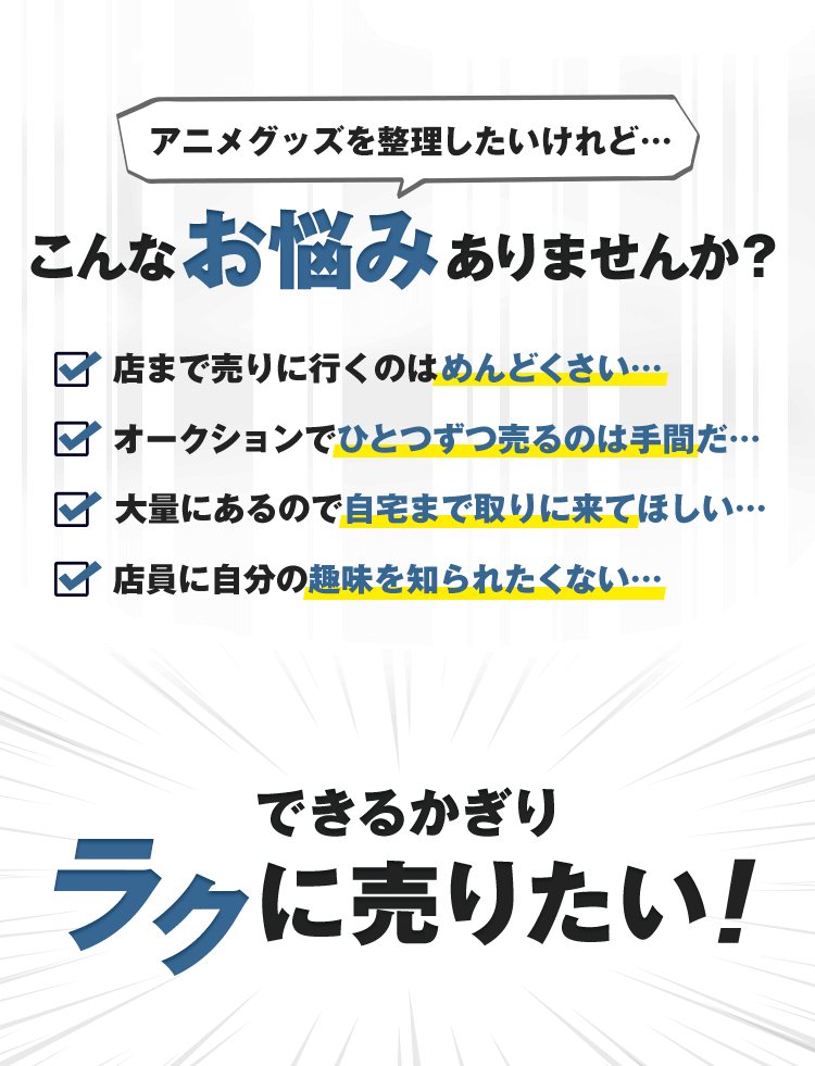 フィギュアを整理したいけれど…こんなお悩みありませんか？店まで売りに行くのはめんどくさい…オークションえひとつずつ売るのは手間だ…大量にあるので自宅まで取りに来てほしい…店員に自分の趣味を知られたくない…できるかぎりラクに売りたい！