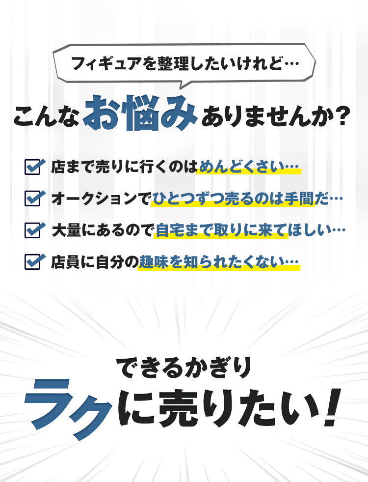 フィギュアを整理したいけれど…こんなお悩みありませんか？店まで売りに行くのはめんどくさい…オークションえひとつずつ売るのは手間だ…大量にあるので自宅まで取りに来てほしい…店員に自分の趣味を知られたくない…できるかぎりラクに売りたい！