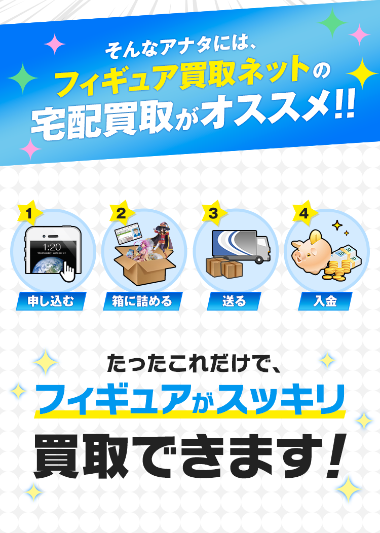 そんなアナタには、フィギュア買取ネットの宅配買取がオススメ!!申し込む＞箱に詰める＞送る＞入金。たったこれだけで、フィギュアがスッキリ買取できます！