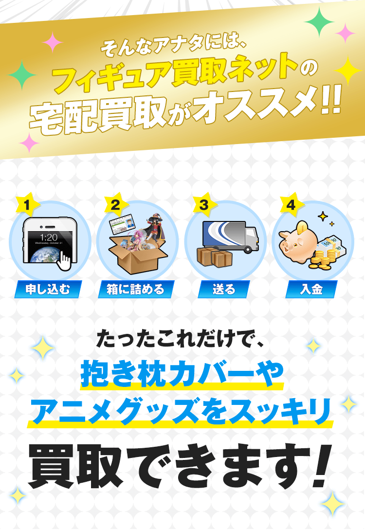 そんなアナタには、フィギュア買取ネットの宅配買取がオススメ!!申し込む＞箱に詰める＞送る＞入金。たったこれだけで、フィギュアがスッキリ買取できます！