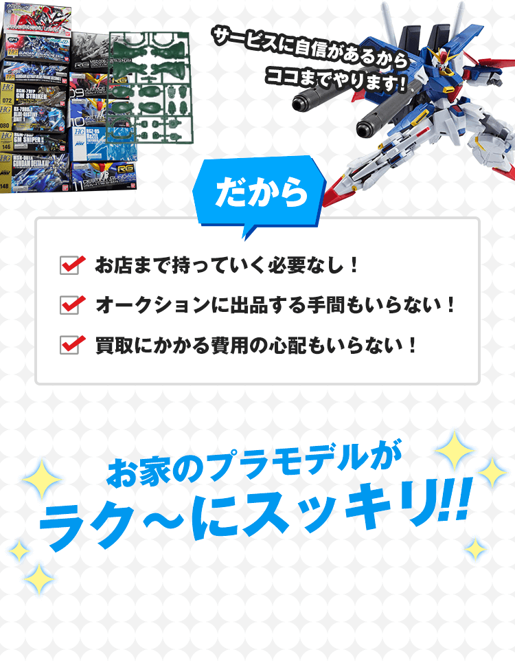 サービスに自信があるからココまでやります！だから、お店まで持って行く必要なし！オークションに出品する手間もいらない！買取にかかる費用の心配もいらない！おうちのフィギュアがラク〜にスッキリ!!