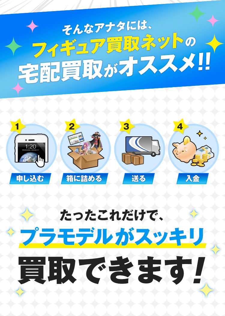 そんなアナタには、フィギュア買取ネットの宅配買取がオススメ!!申し込む＞箱に詰める＞送る＞入金。たったこれだけで、フィギュアがスッキリ買取できます！