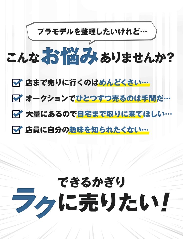 フィギュアを整理したいけれど…こんなお悩みありませんか？店まで売りに行くのはめんどくさい…オークションえひとつずつ売るのは手間だ…大量にあるので自宅まで取りに来てほしい…店員に自分の趣味を知られたくない…できるかぎりラクに売りたい！