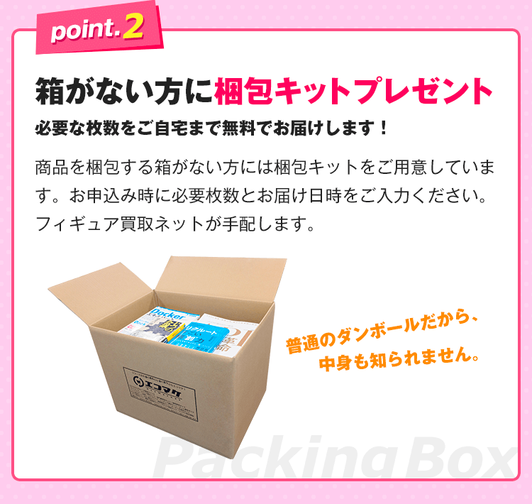 point.2、箱がない方に梱包キットプレゼント。必要な枚数をご自宅まで無料でお届けします！フィギュアを梱包する箱がない方には梱包キットをご用意しています。お申込み時に必要枚数とお届け日時をご入力ください。フィギュア買取ネットが手配します。