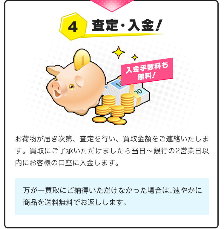 4.査定・入金！お荷物が届き次第、査定を行い、買取金額をご連絡いたします。買取にご了承いただけましたら当日〜銀行の2営業日以内にお客様の口座に入金します。万が一買取にご納得いただけなかった場合は、速やかにフィギュアを送料無料でお返しします。